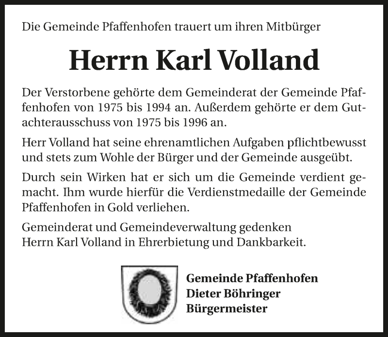  Traueranzeige für Karl Volland vom 24.02.2017 aus 