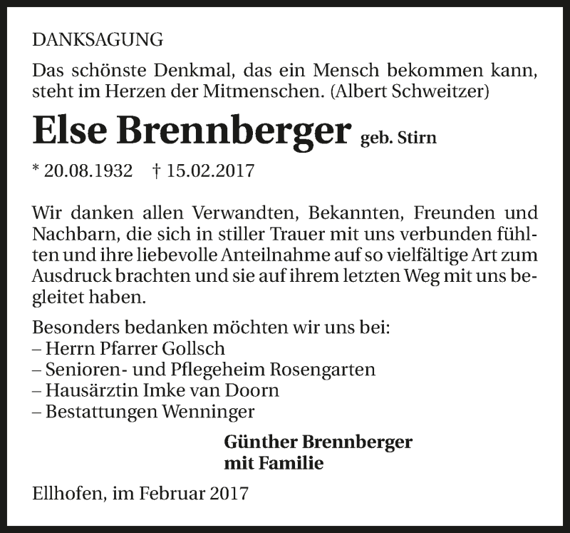  Traueranzeige für Else Brennberger vom 25.02.2017 aus 