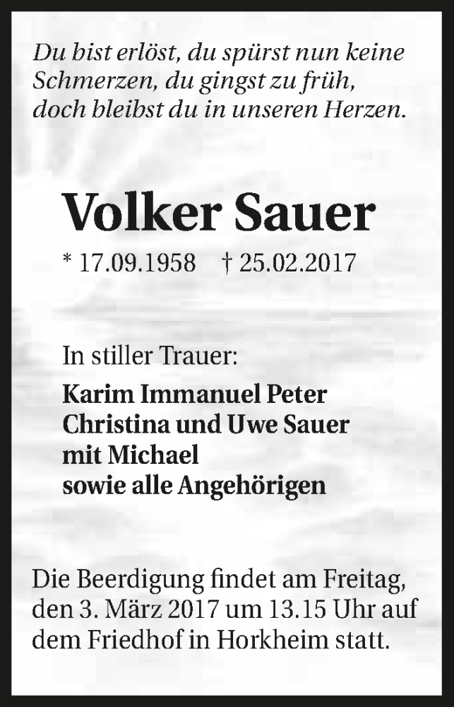  Traueranzeige für Volker Sauer vom 28.02.2017 aus 