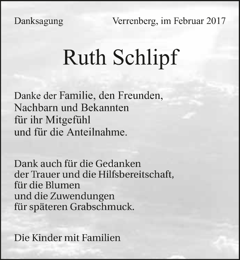  Traueranzeige für Ruth Schlipf vom 08.02.2017 aus 