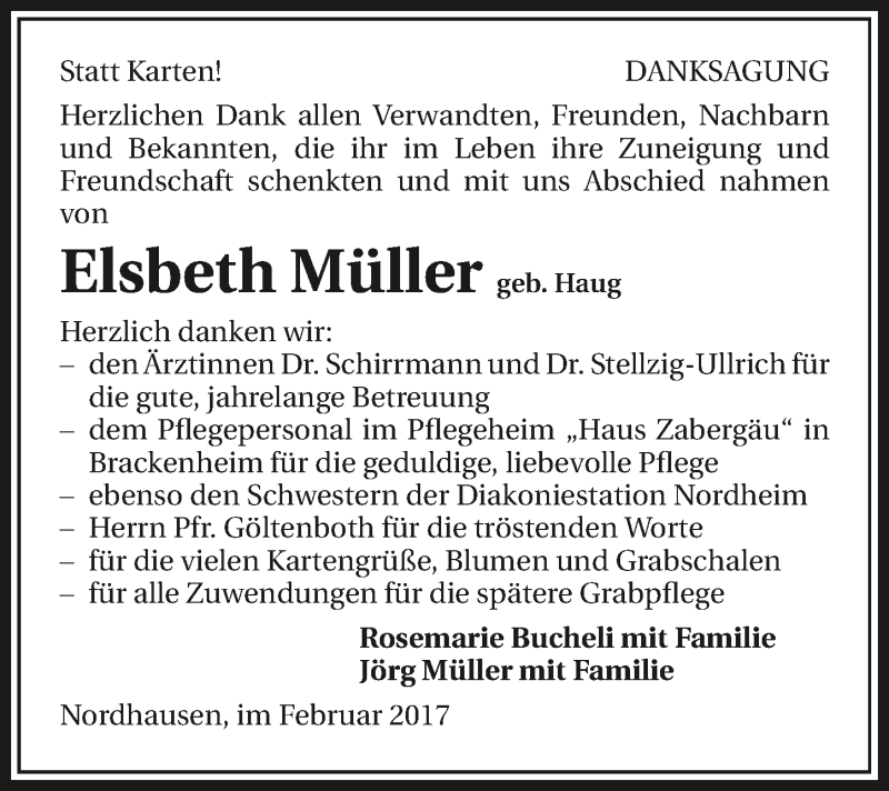  Traueranzeige für Elsbeth Müller vom 16.02.2017 aus 