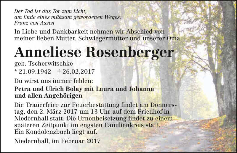  Traueranzeige für Anneliese Rosenberger vom 28.02.2017 aus 