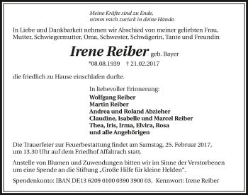 Traueranzeige von Irene Reiber 