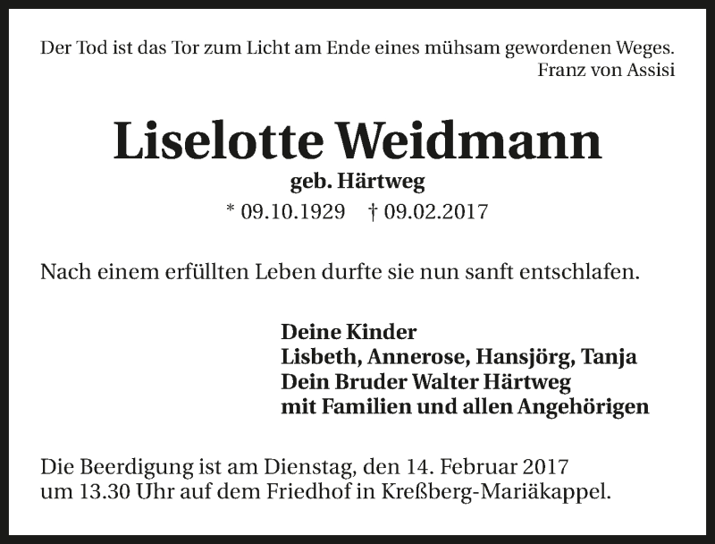  Traueranzeige für Liselotte Weidmann vom 11.02.2017 aus 
