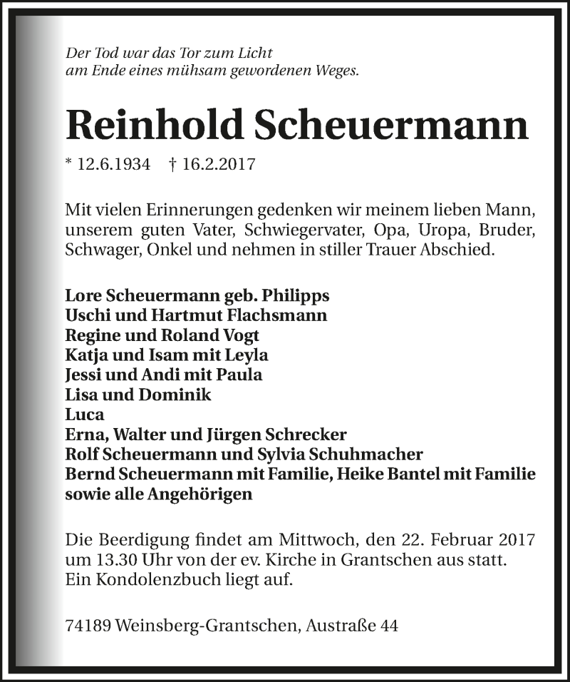  Traueranzeige für Reinhold Scheuermann vom 18.02.2017 aus 