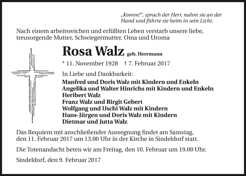  Traueranzeige für Rosa Walz vom 09.02.2017 aus 