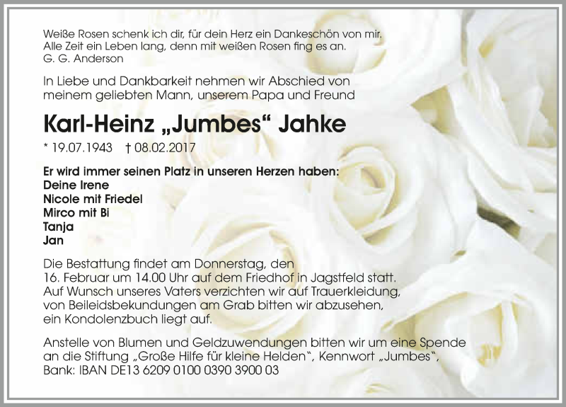  Traueranzeige für Karl-Heinz Jahke vom 11.02.2017 aus 