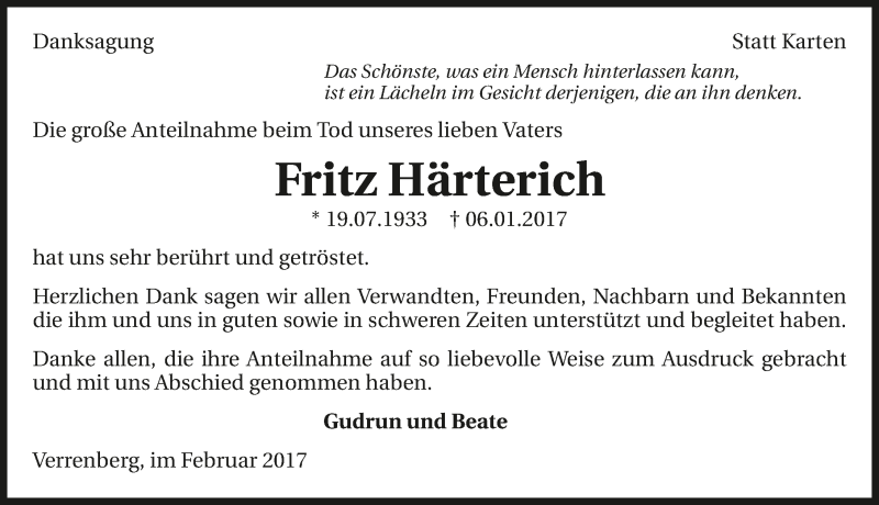  Traueranzeige für Fritz Härterich vom 04.02.2017 aus 