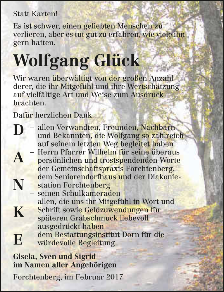  Traueranzeige für Wolfgang Glück vom 18.02.2017 aus 