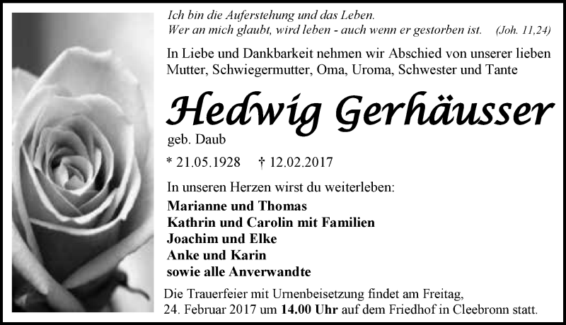  Traueranzeige für Hedwig Gerhäusser vom 18.02.2017 aus 