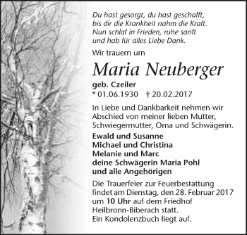 Traueranzeige von Maria Neuberger 
