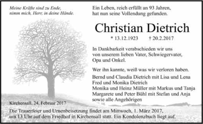  Traueranzeige für Christian Dietrich vom 24.02.2017 aus 