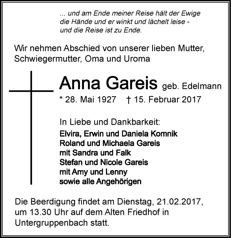  Traueranzeige für Anna Gareis vom 17.02.2017 aus 