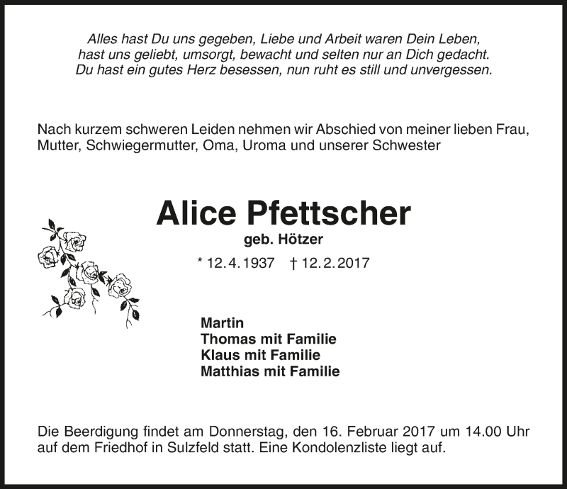  Traueranzeige für Alice Pfettscher vom 14.02.2017 aus 