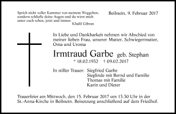 Traueranzeige von Irmtraud Garbe 