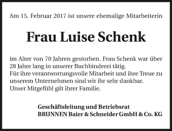 Traueranzeige von Luise Schenk 
