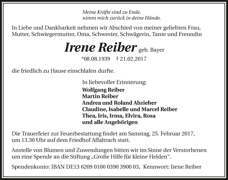  Traueranzeige für Irene Reiber vom 23.02.2017 aus 