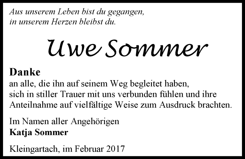  Traueranzeige für Uwe Sommer vom 11.02.2017 aus 