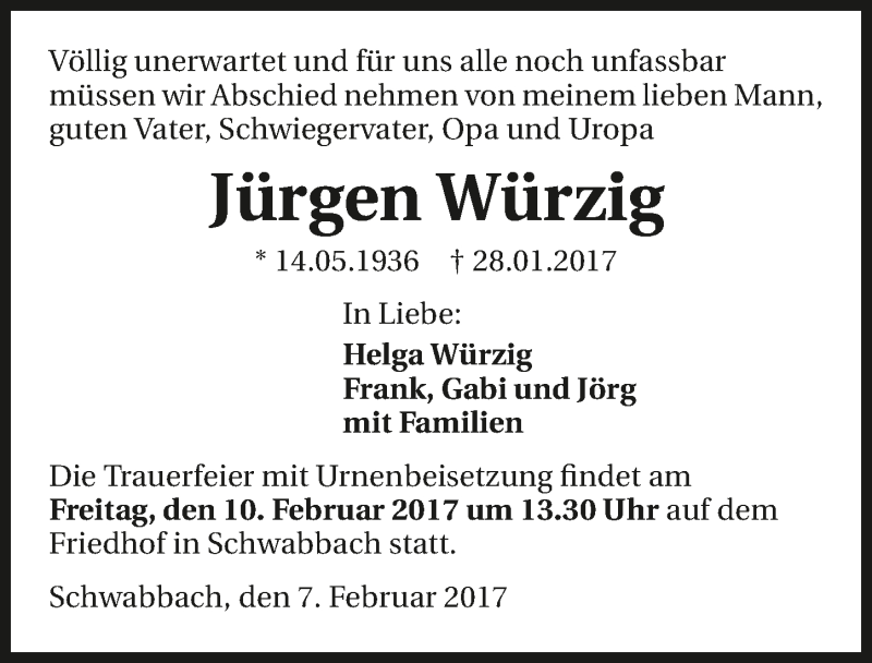  Traueranzeige für Jürgen Würzig vom 08.02.2017 aus 