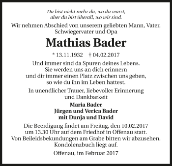 Traueranzeige von Mathias Bader 