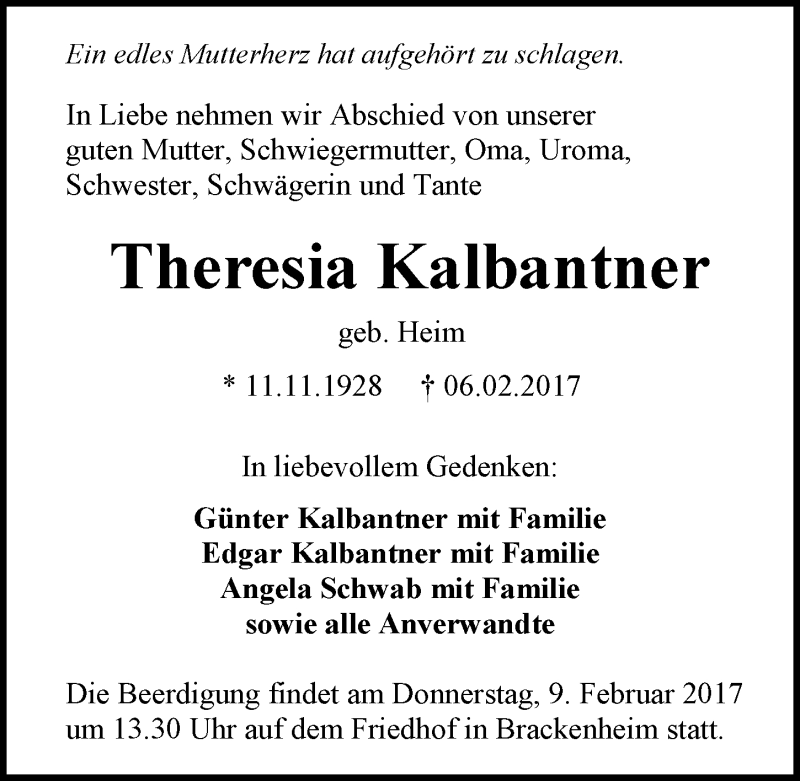  Traueranzeige für Theresia Kalbantner vom 07.02.2017 aus 
