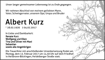 Traueranzeige von Albert Kurz 