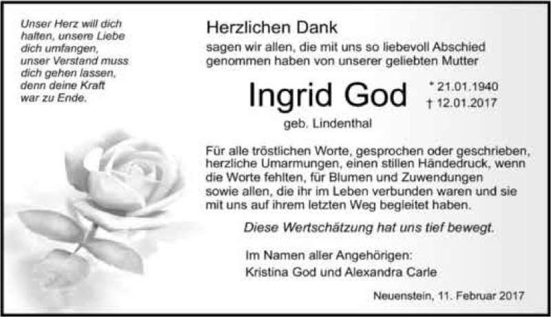  Traueranzeige für Ingrid God vom 11.02.2017 aus 