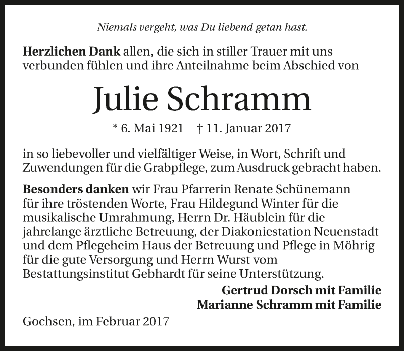  Traueranzeige für Julie Schramm vom 18.02.2017 aus 