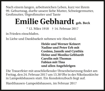 Traueranzeige von Emilie Gebhardt 