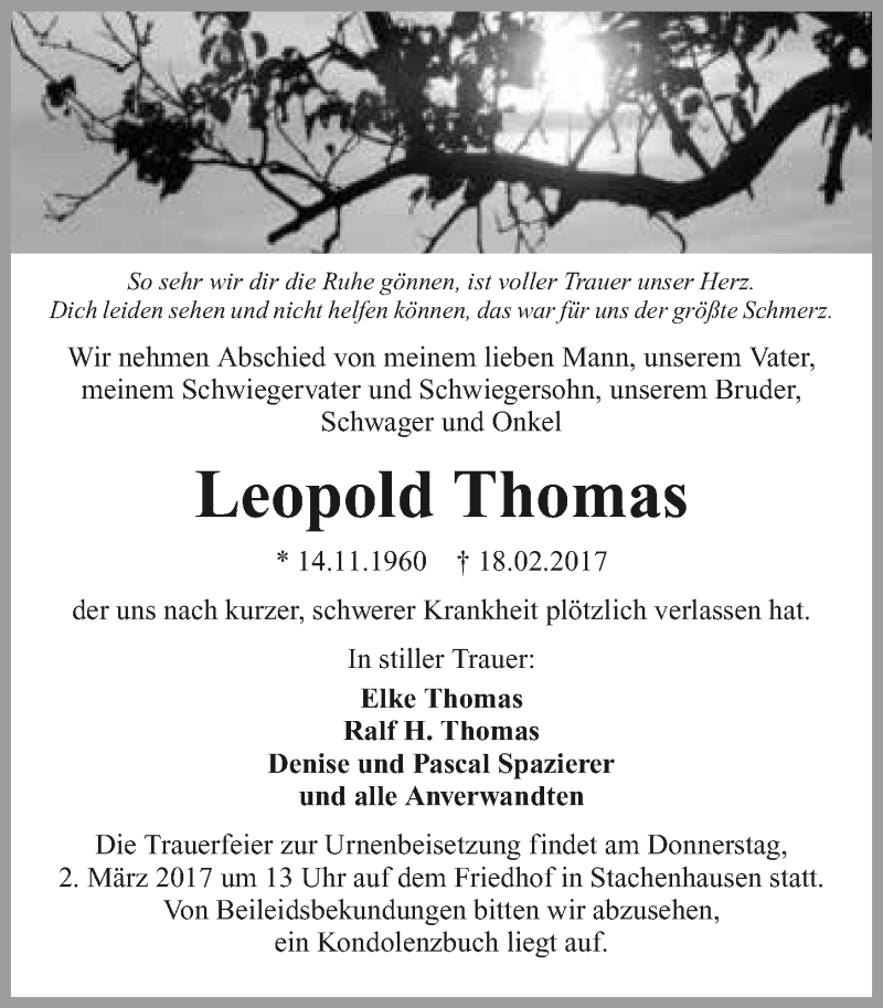  Traueranzeige für Leopold Thomas vom 28.02.2017 aus 