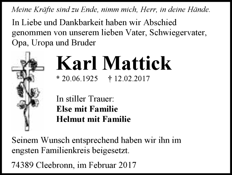  Traueranzeige für Karl Mattick vom 21.02.2017 aus 