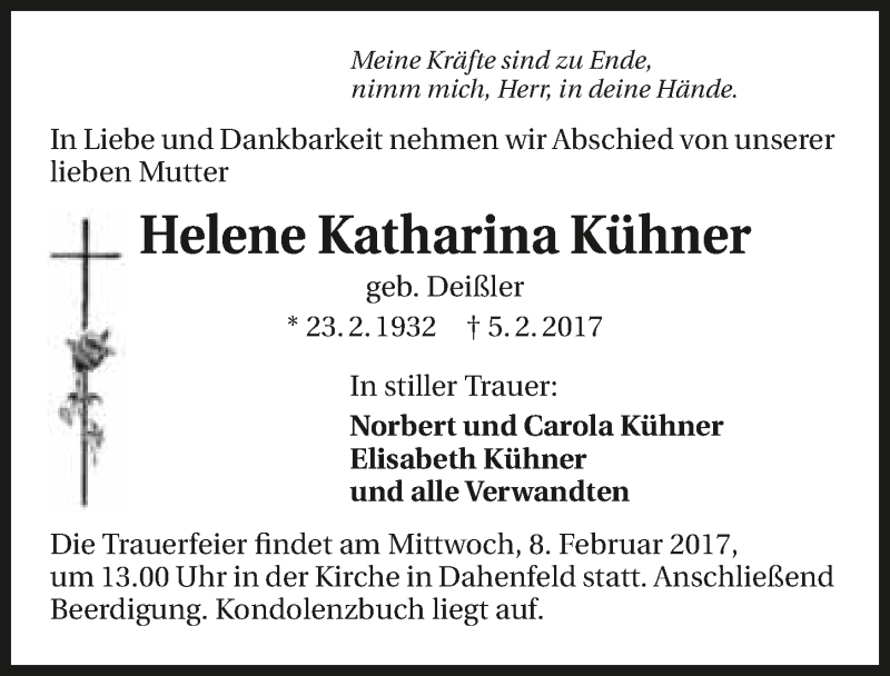  Traueranzeige für Helene Katharina Kühner vom 07.02.2017 aus 