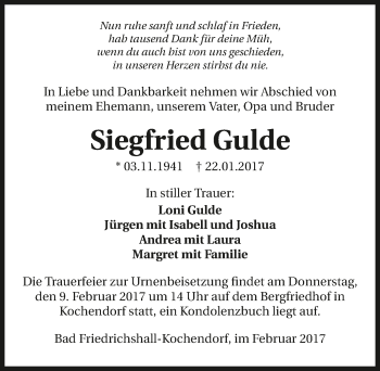 Traueranzeige von Siegfried Gulde 