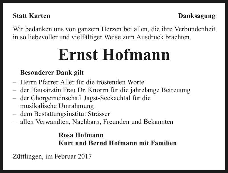  Traueranzeige für Ernst Hofmann vom 03.02.2017 aus 