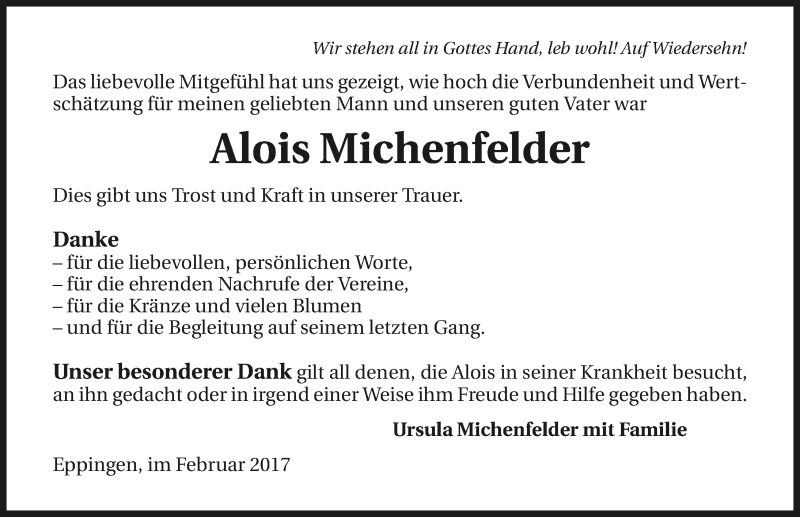  Traueranzeige für Alois Michenfelder vom 04.02.2017 aus 