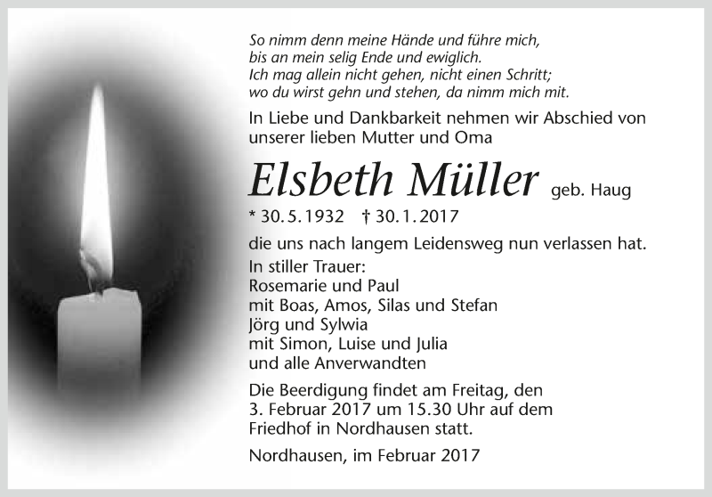  Traueranzeige für Elsbeth Müller vom 02.02.2017 aus 