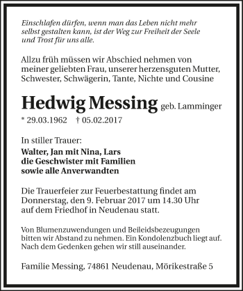 Traueranzeige von Hedwig Messing 
