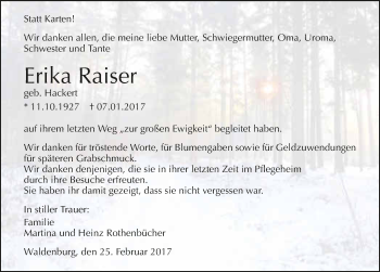 Traueranzeige von Erika Raiser 