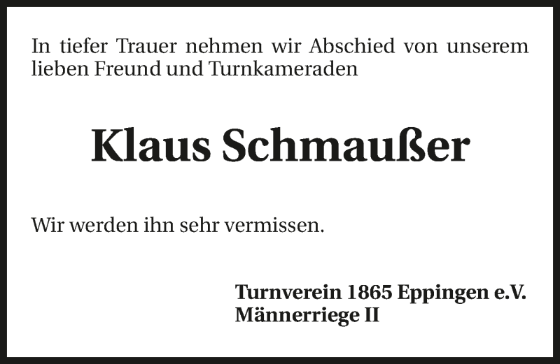 Traueranzeige für Klaus Schmaußer vom 14.02.2017 aus 