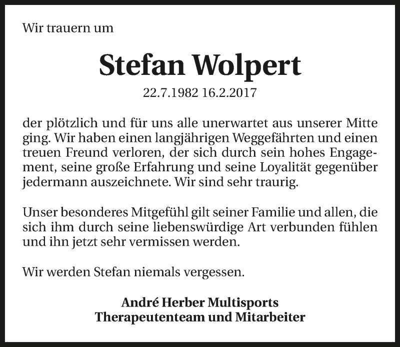  Traueranzeige für Stefan Wolpert vom 24.02.2017 aus 