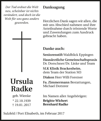 Traueranzeige von Ursula Radtke 