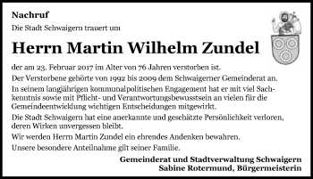 Traueranzeige von Martin Wilhelm Zundel 