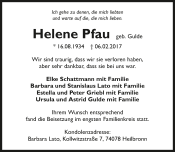 Traueranzeige von Helene Pfau 