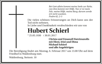Traueranzeige von Hubert Schierl 