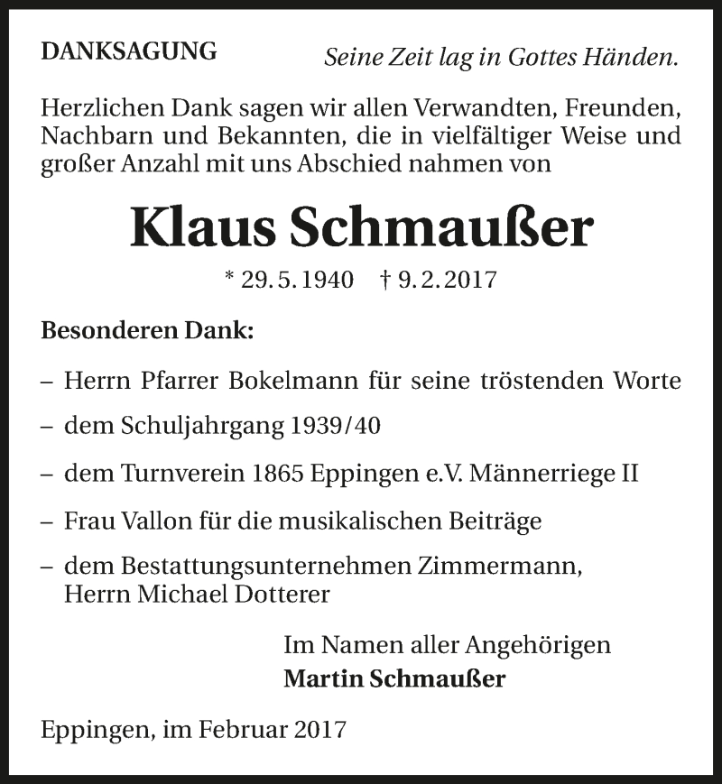  Traueranzeige für Klaus Schmaußer vom 25.02.2017 aus 