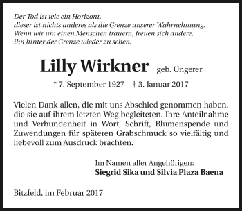 Traueranzeige von Lilly Wirkner 