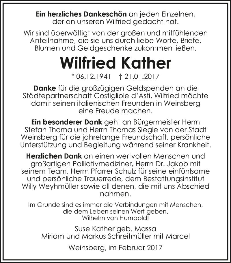  Traueranzeige für Wilfried Kather vom 08.02.2017 aus 