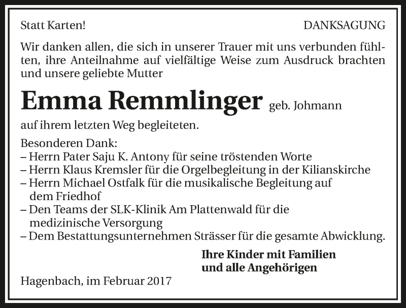  Traueranzeige für Emma Remmlinger vom 25.02.2017 aus 
