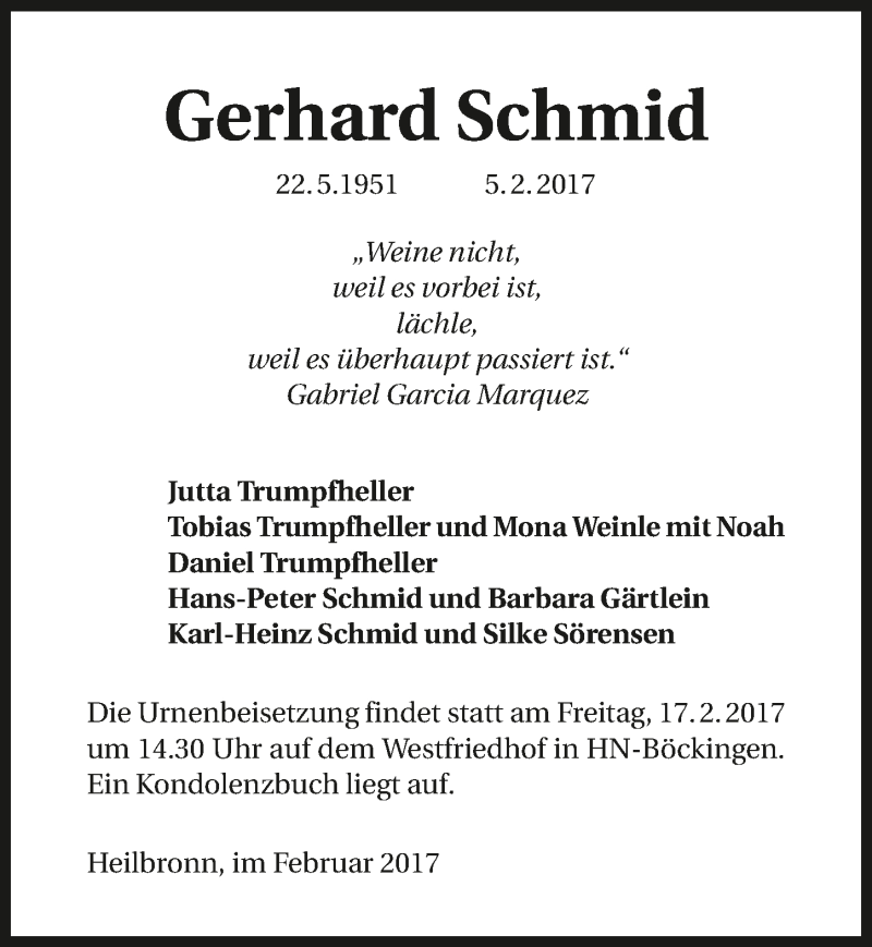  Traueranzeige für Gerhard Schmid vom 11.02.2017 aus 