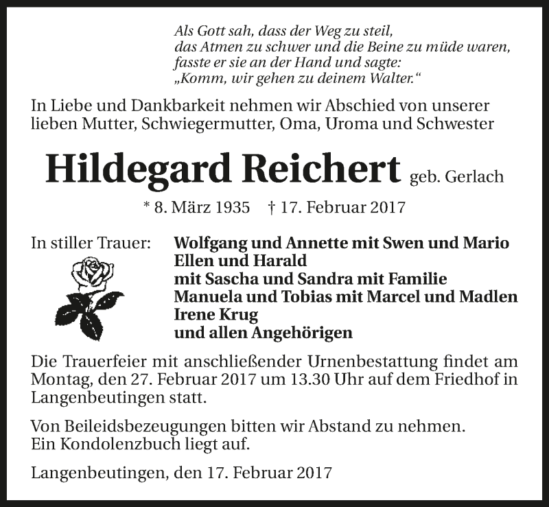  Traueranzeige für Hildegard Reichert vom 24.02.2017 aus 
